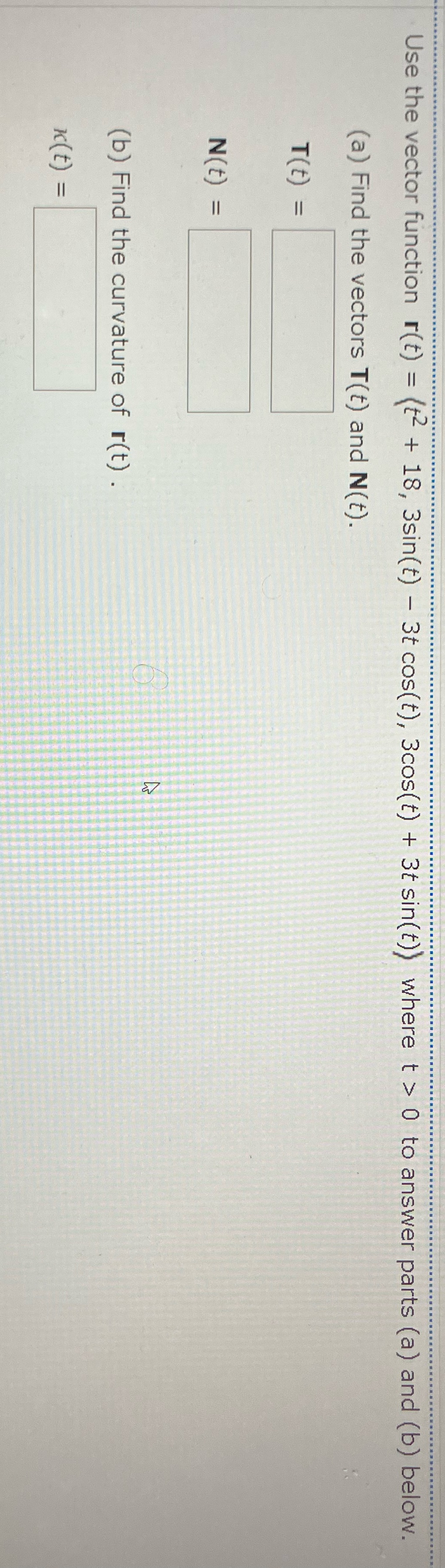 Use the vector function r(t) = (tz + 18, 3sin(t) -