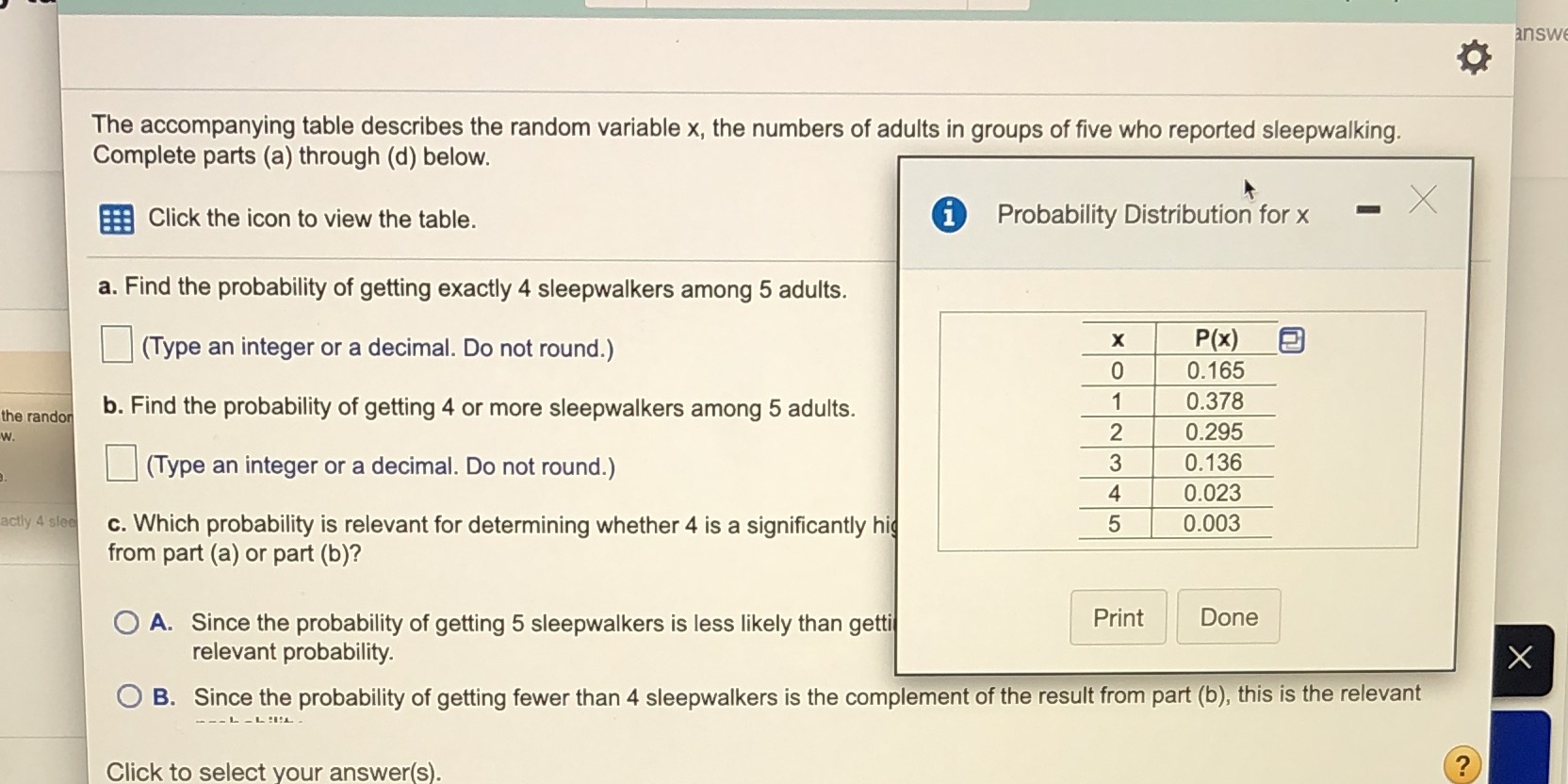 The accompanying table describes the random variable x the numbers of