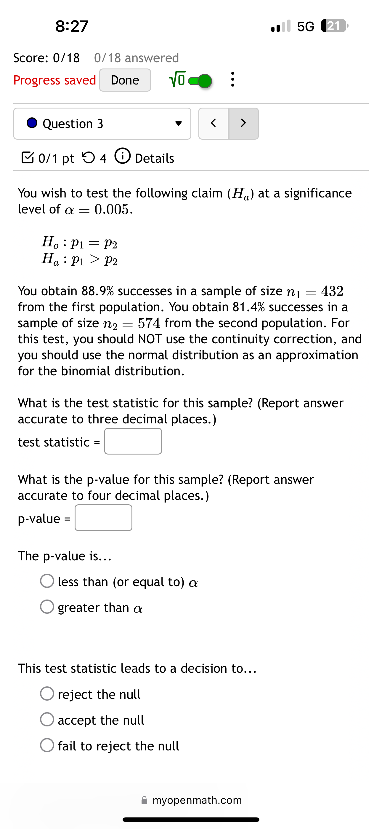 wish to test the following claim (H,) at a significance level of