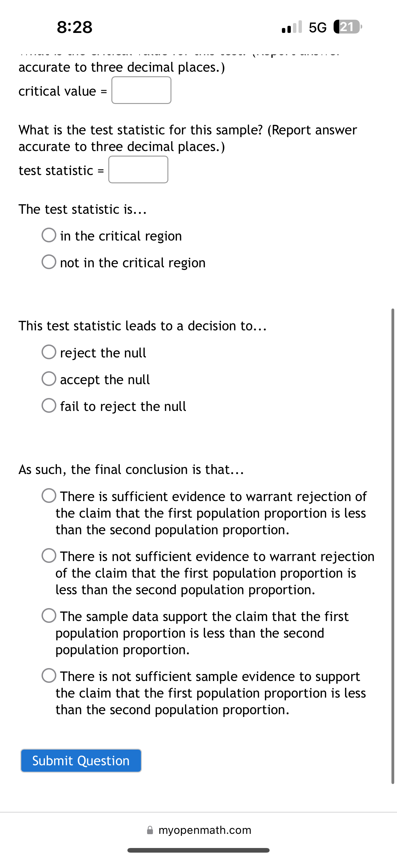 distribution. What is the test statistic for this sample? (Report answer accurate