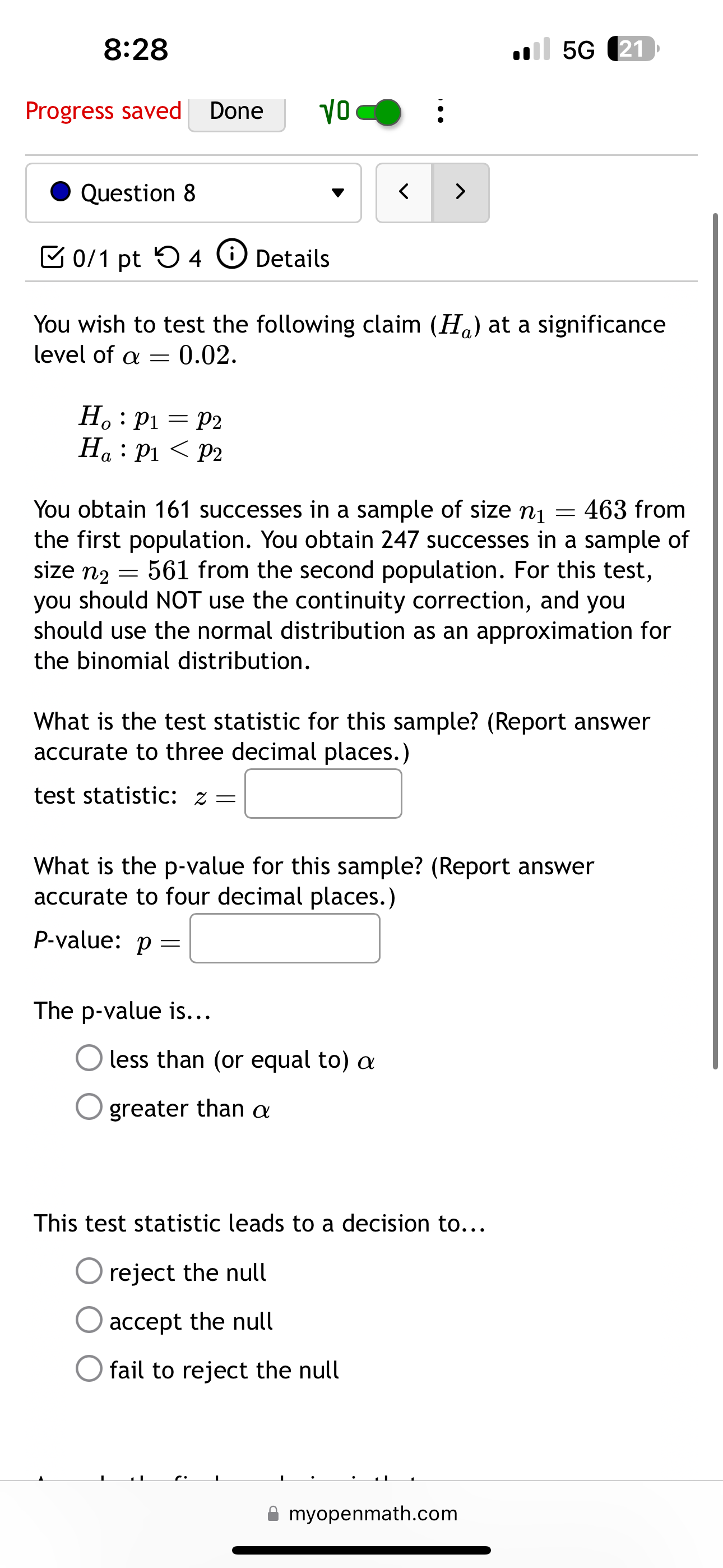 this sample? (Report answer accurate to four decimal places.) p-value = The