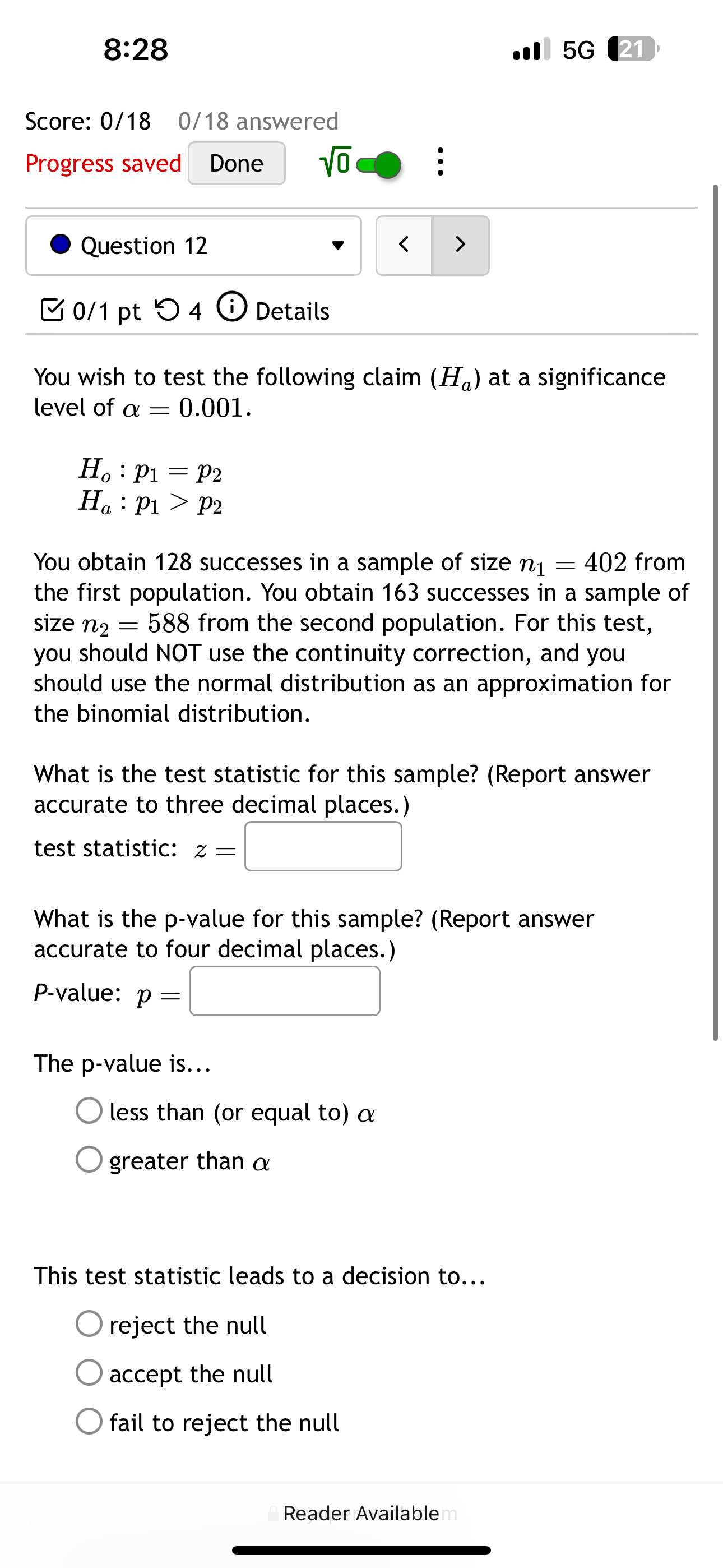 than This test statistic leads to a decision to... O reject the