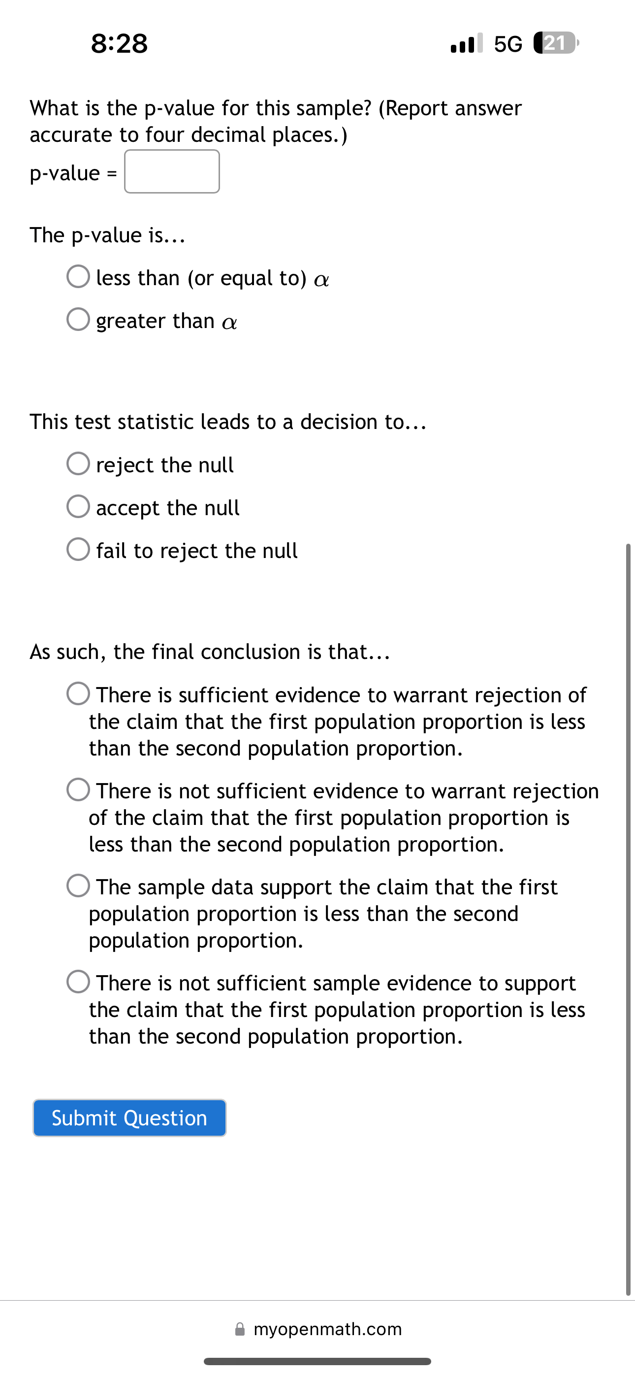 support the claim that the first population proportion is greater than the