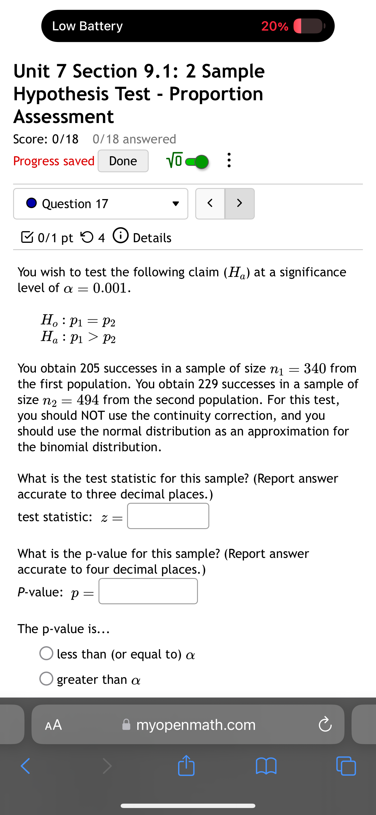 population proportion. Submit Question & myopenmath.com 8:27 .1 5G 21 Score: 0/18