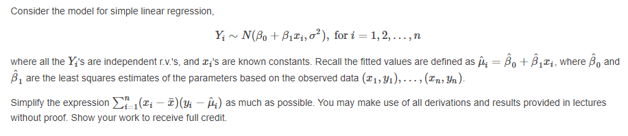 .......... Consider the model for simple linear regression, Yi~ N(Bo + Biti,