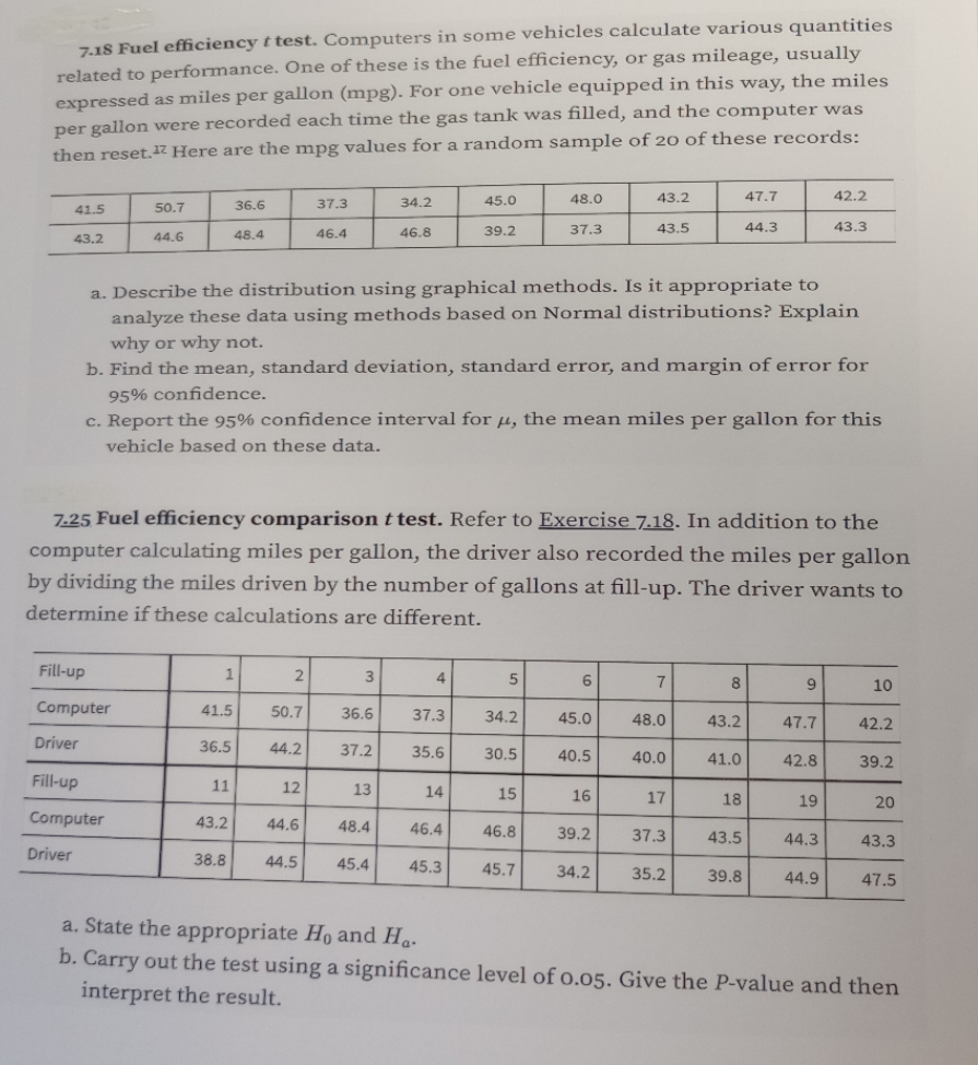 Answer question 7.25 fuel efficiency comparison t test. Exercise 7.18 is provided