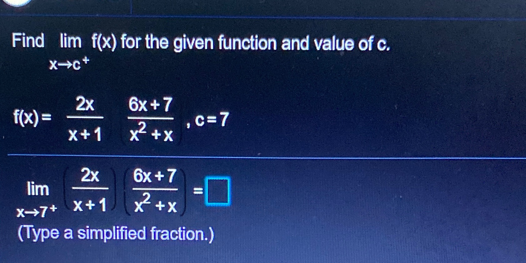 Find lim f(x) for the given function and value of c.