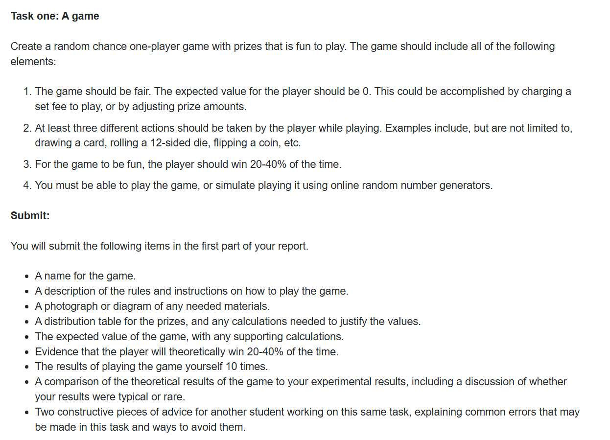 Task one: A game Create a random chance one-player game with