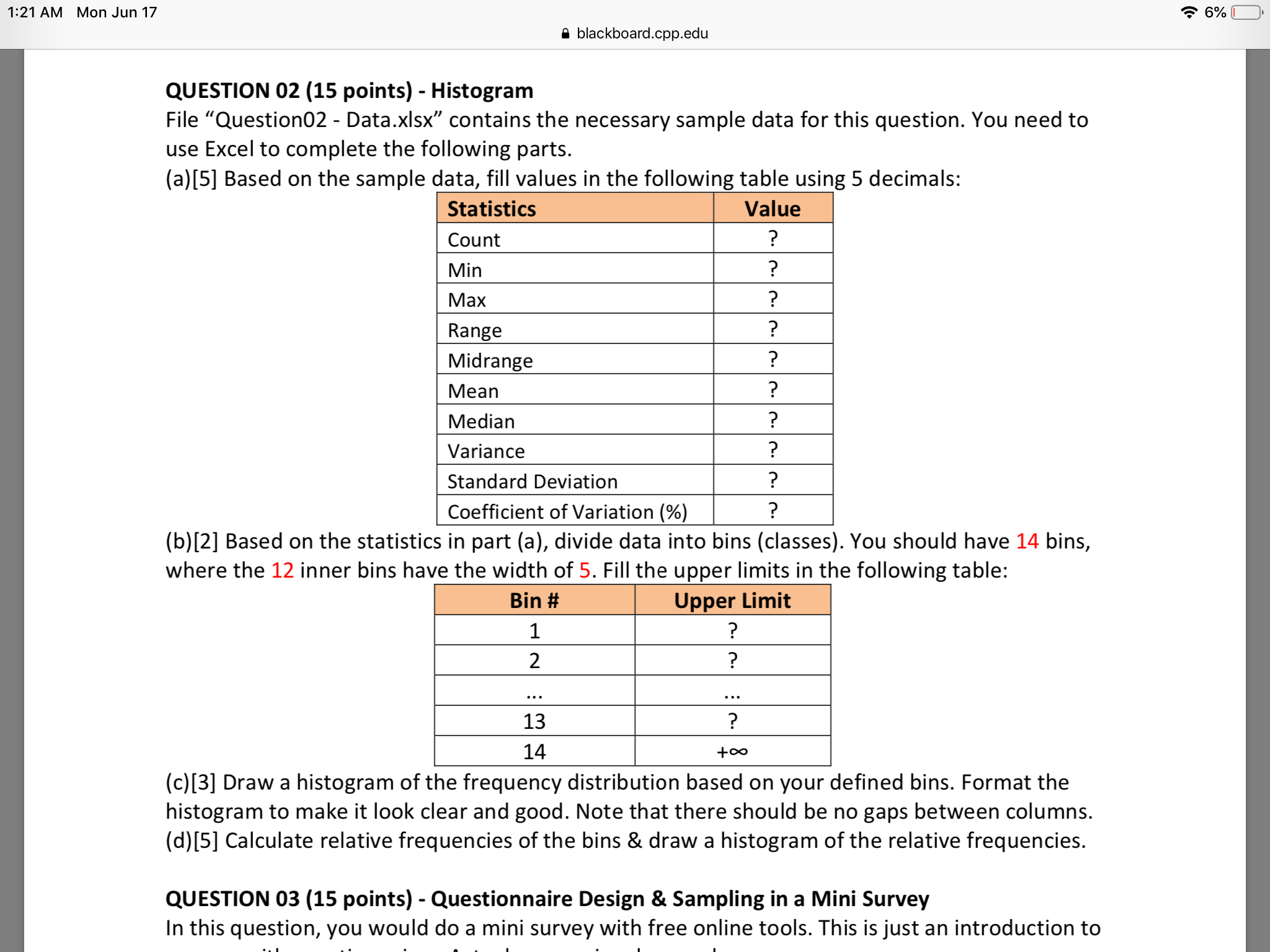 a) 1:21 AM Mon Jun 17 6% E} E blackboard.cpp.edu QUESTION