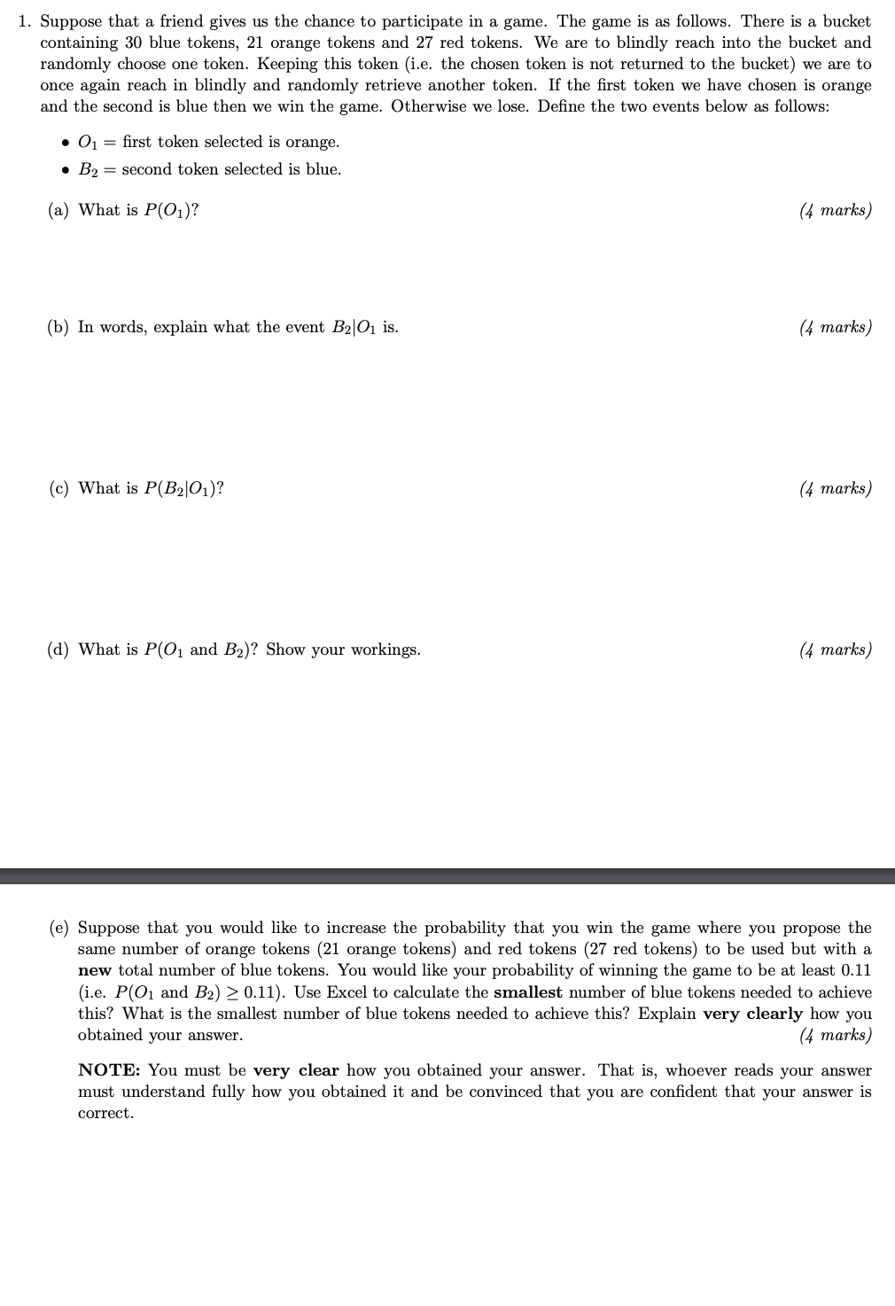 that the first token selected is orange, the probability of selected the