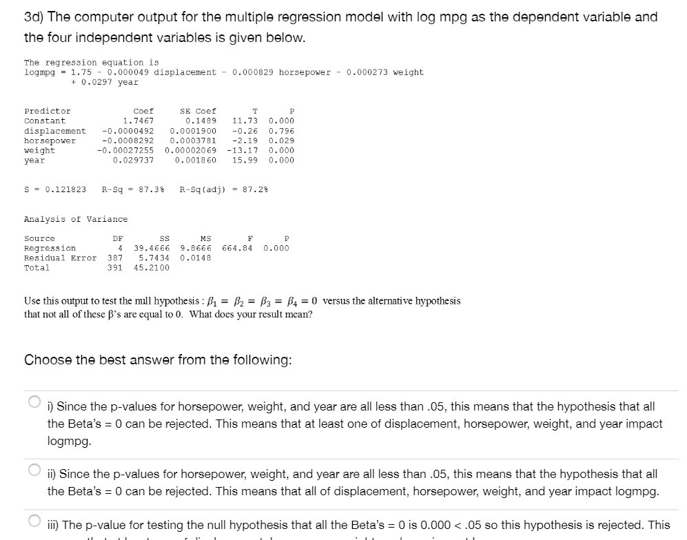 3d] The computer output for the multiple regression modei with log