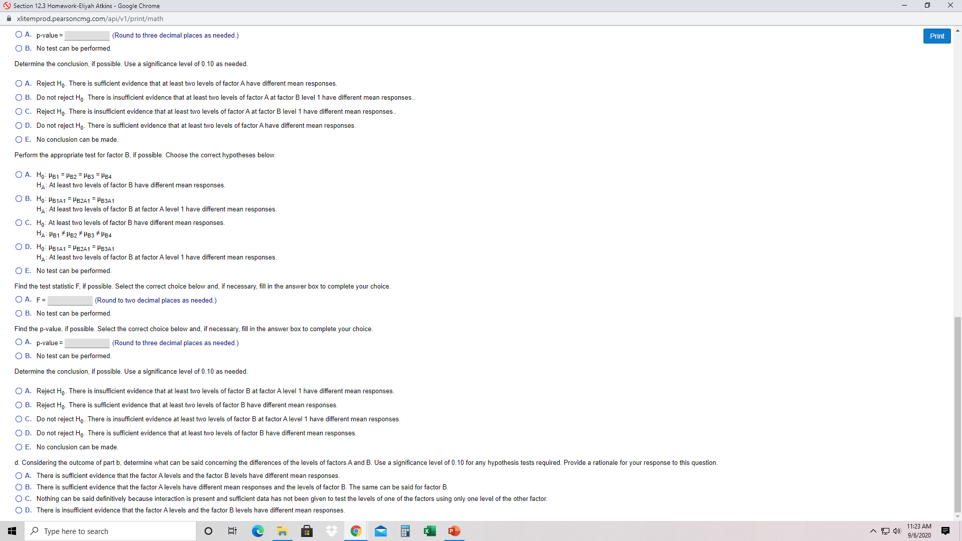 Complete parts a through Factor A Level 1 Level 2 Level 3