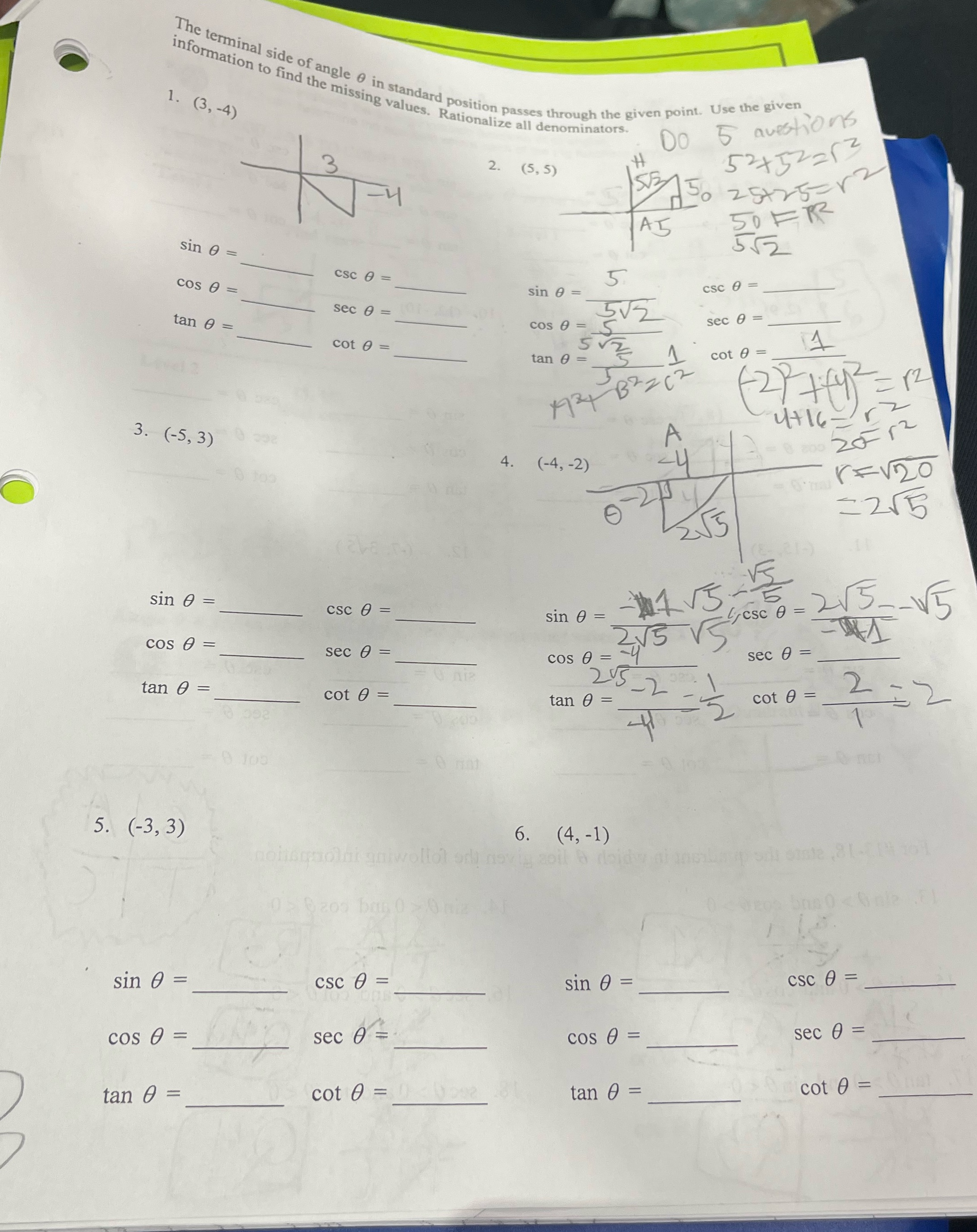  1 . ( 3 , - 4 ) The terminal side