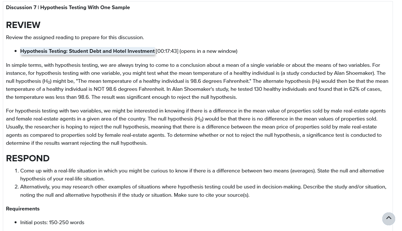 Discussion 7 | Hypothesis Testing With One Sample REVIEW Review the