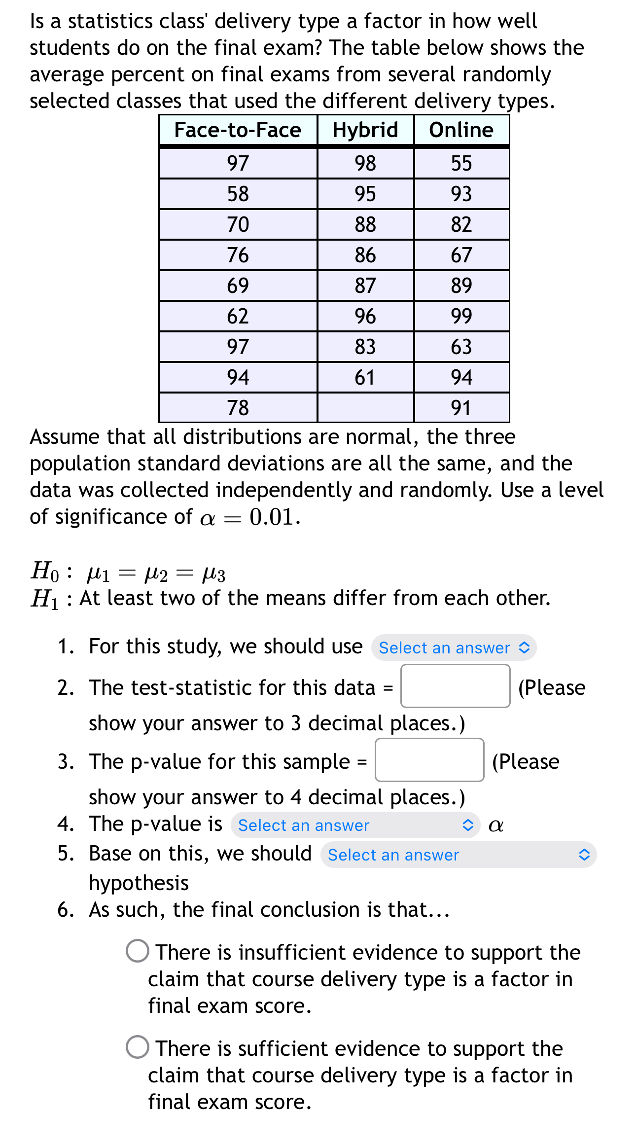  Is a statistics class' delivery type a factor in how well