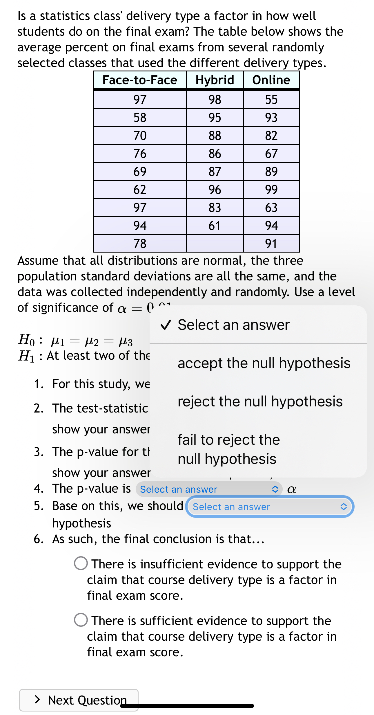 percent on final exams from several randomly selected classes that used the