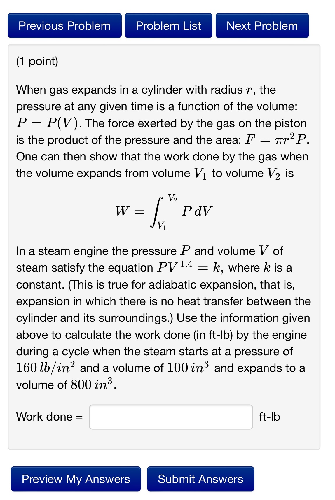 answer CORRECTLY Previous Problem Problem List Next Problem (1 point) When gas
