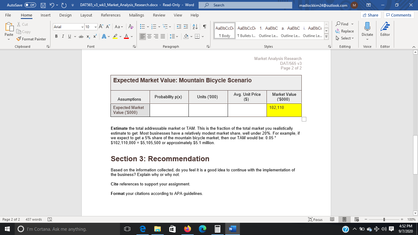 Off) H () = DAT565_v3_wk3_Market Analysis_Research.docx - Read-Only - Word Search madlockkim24@outlook.com
