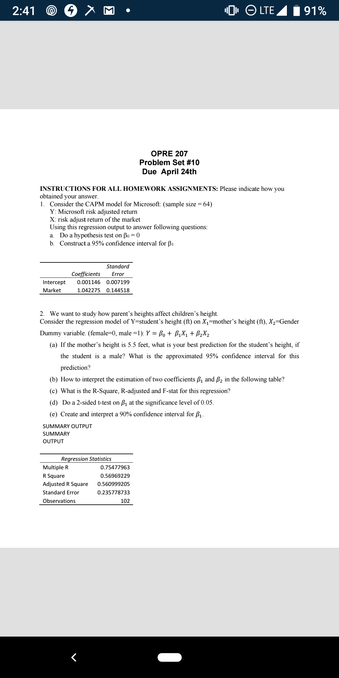 Dr 9 LTEA I 91 OPRE 207 Problem Set #10 Due