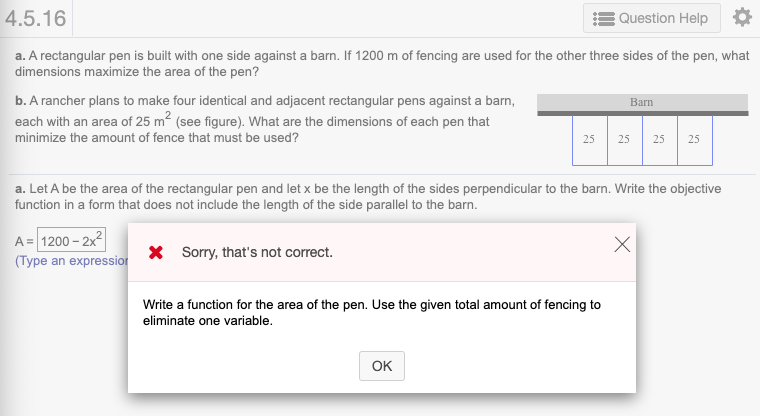  4.5.16 Question Help a. A rectangular pen is built with one