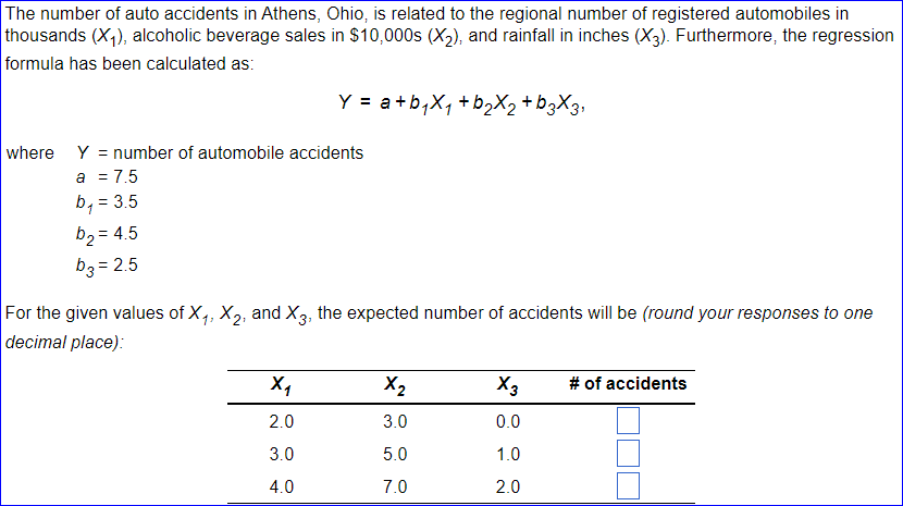 Question 9: Regression Calculation for Expected AccidentsPlease show all steps/work/formulas The number