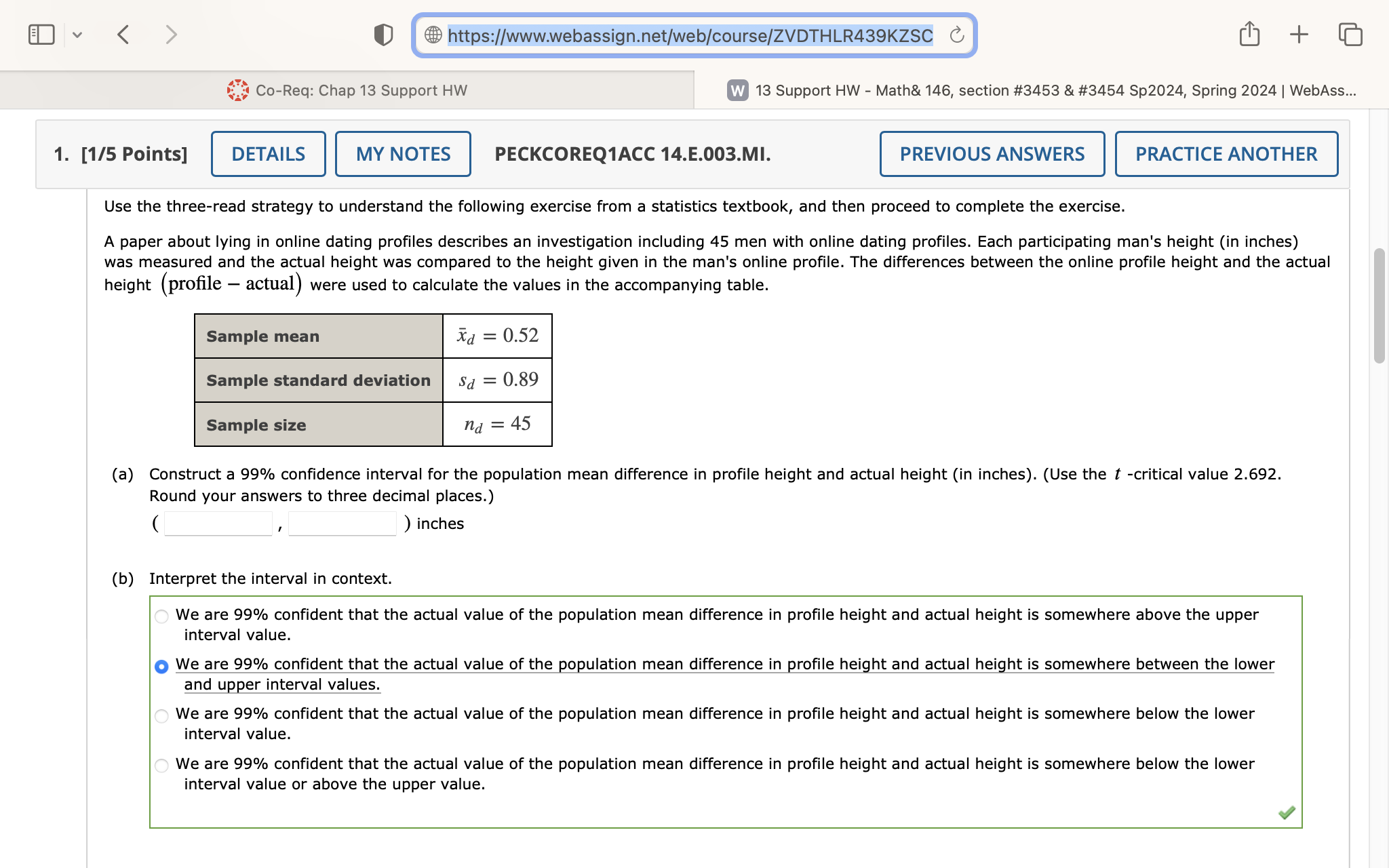 'j @ https://www.webassign.net/web/course/ZVDTHLR439KZSC C [ + [a Co-Req: Chap 13 Support