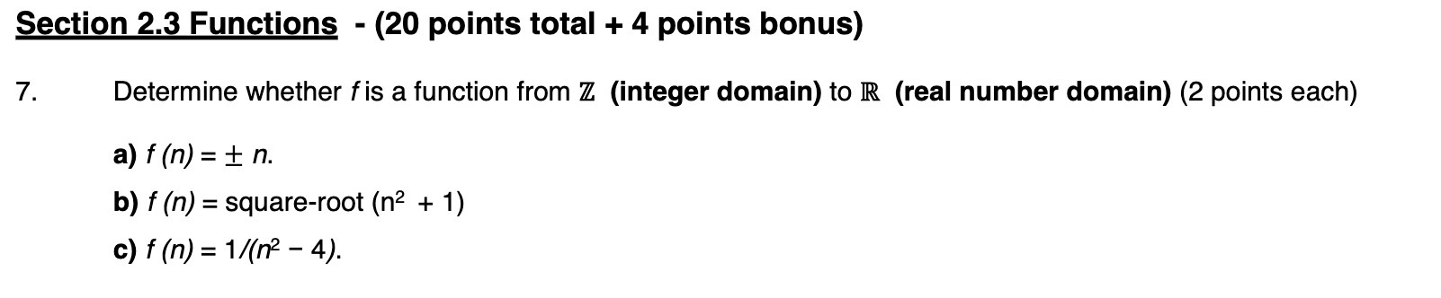 Section 2.3 Functions - (20 points total + 4 points bonus)