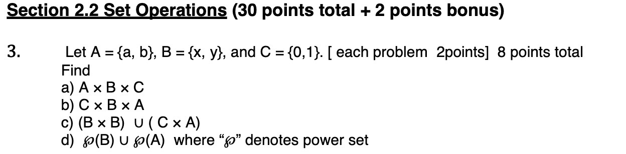  Section 2.2 Set Operations (30 points total + 2 points bonus)