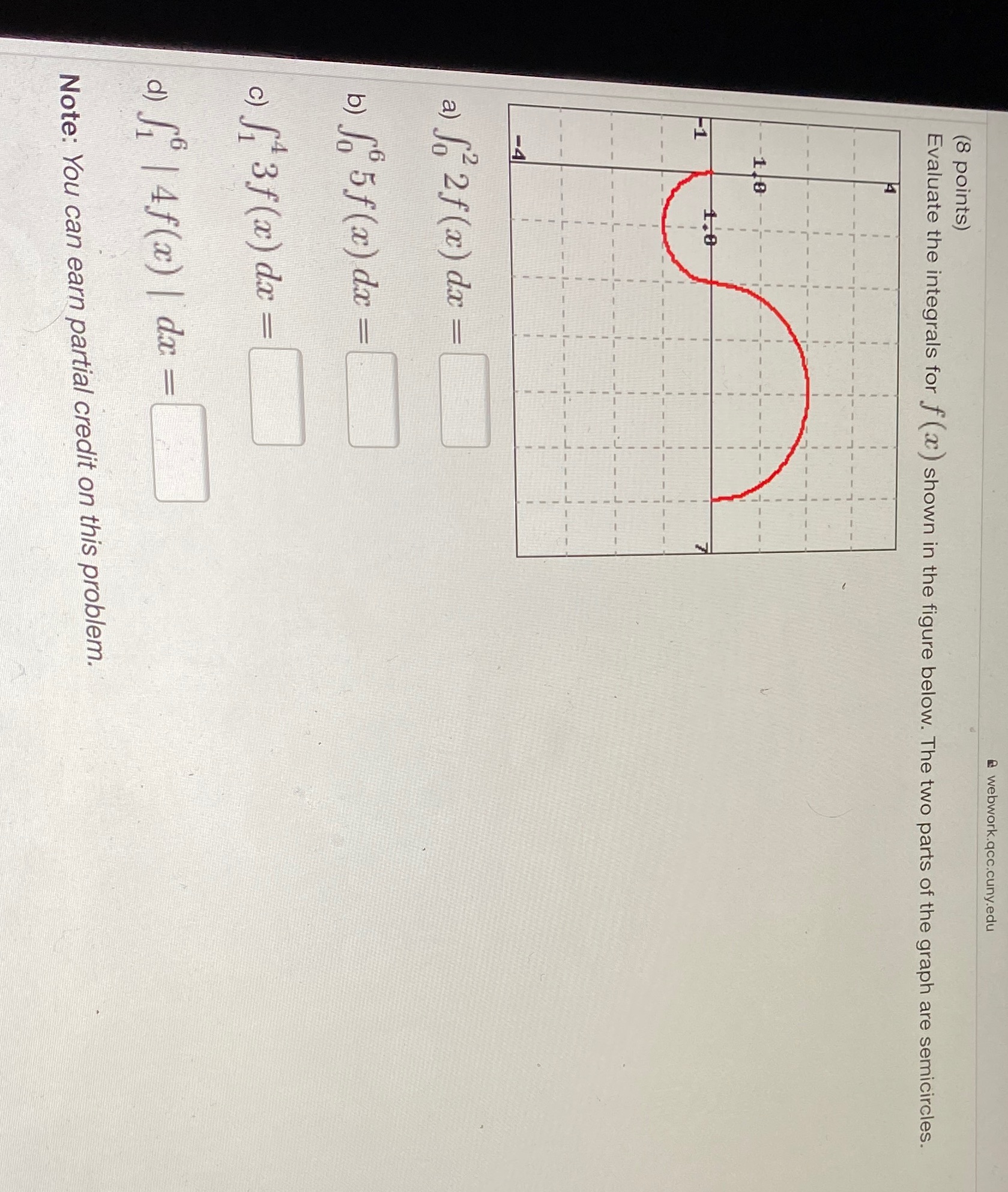  (8 points) e webwork.qcc.cuny.edu Evaluate the integrals for f ( )
