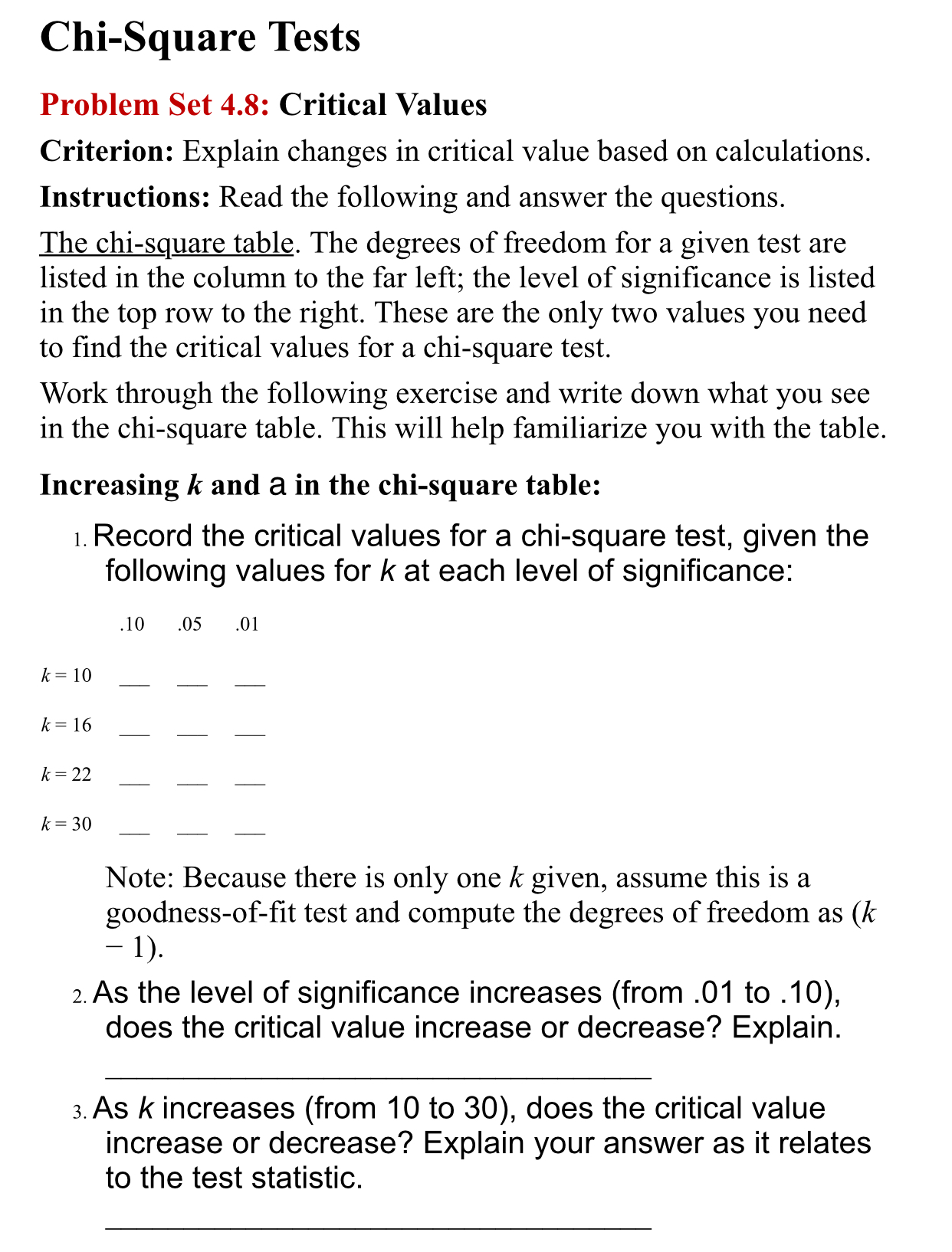  Chi-Square Tests Problem Set 4.8: Critical Values Criterion: Explain changes in