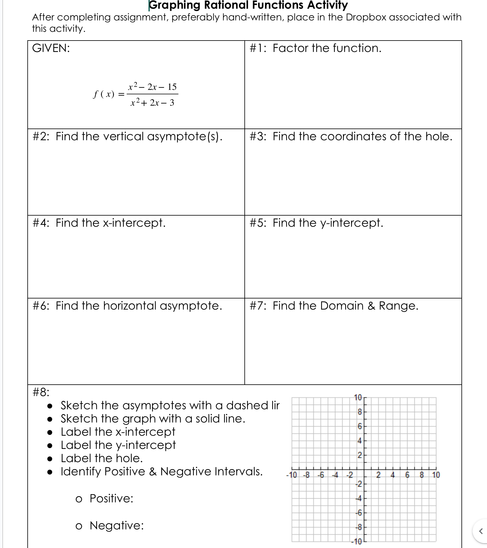  Graphing Rational Functions Activity After completing assignment, preferably hand-written, place in