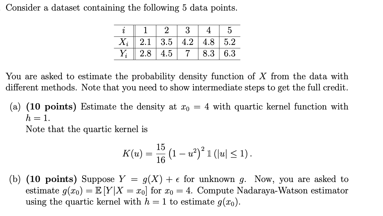  - Consider a dataset containing the following 5 data points. i