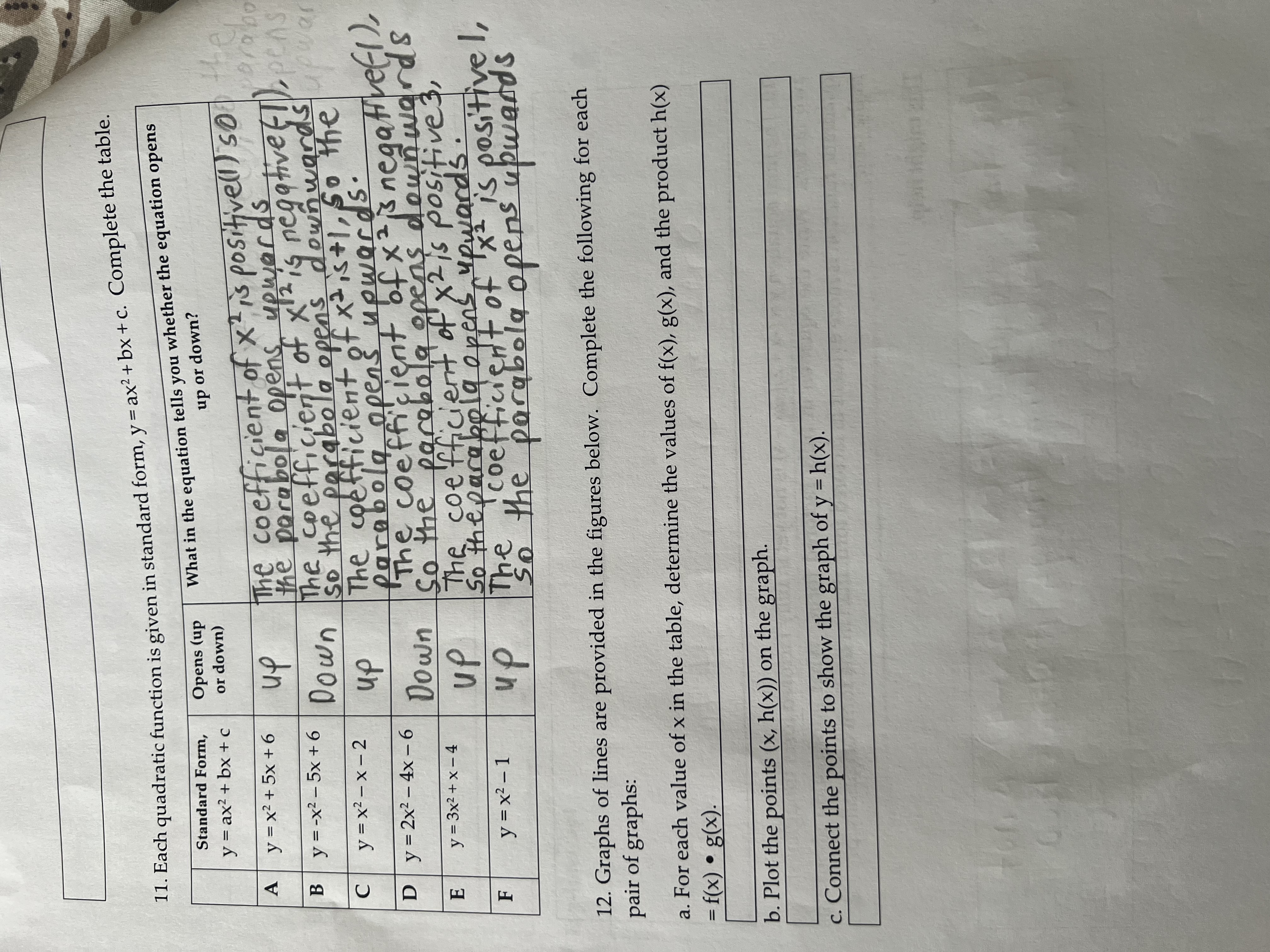  11. Each quadratic function is given in standard form, y =