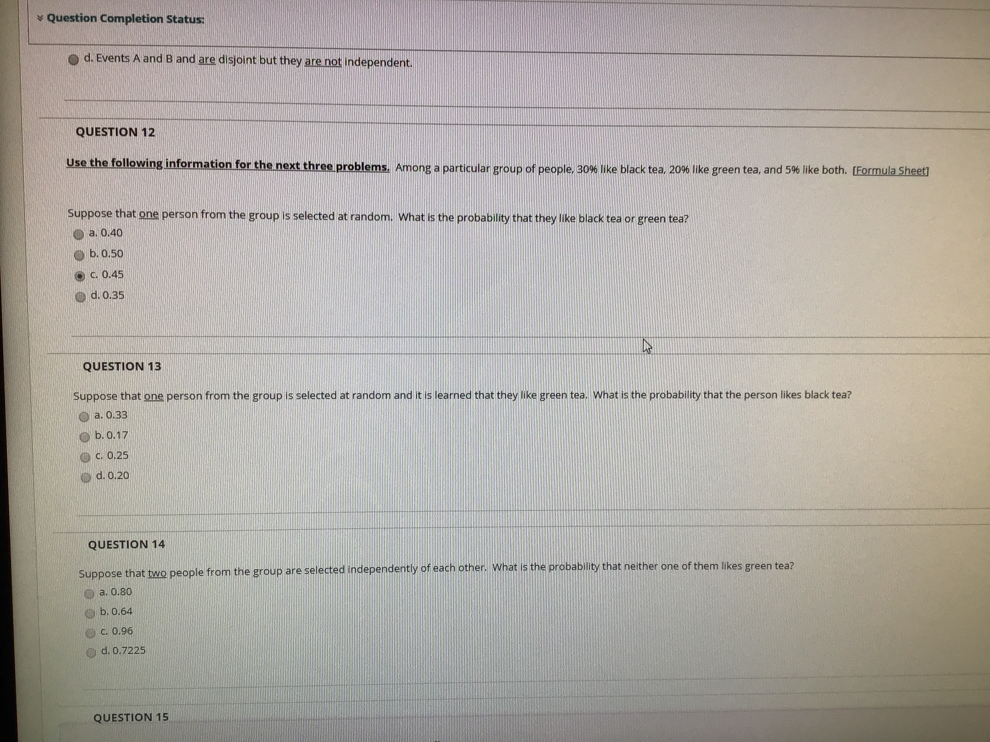 Please answer question 13 and 14 Question Completion Status: d. Events A