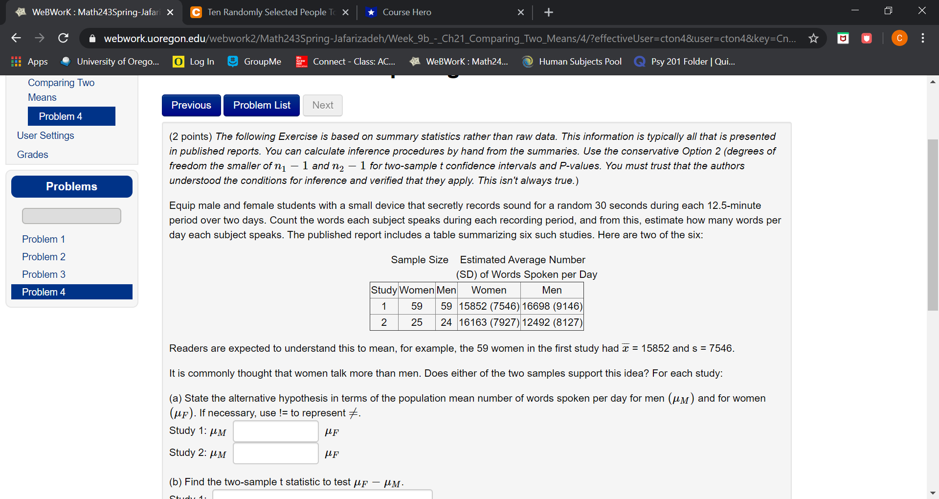 The following Exercise is based on summary statistics rather than raw data.