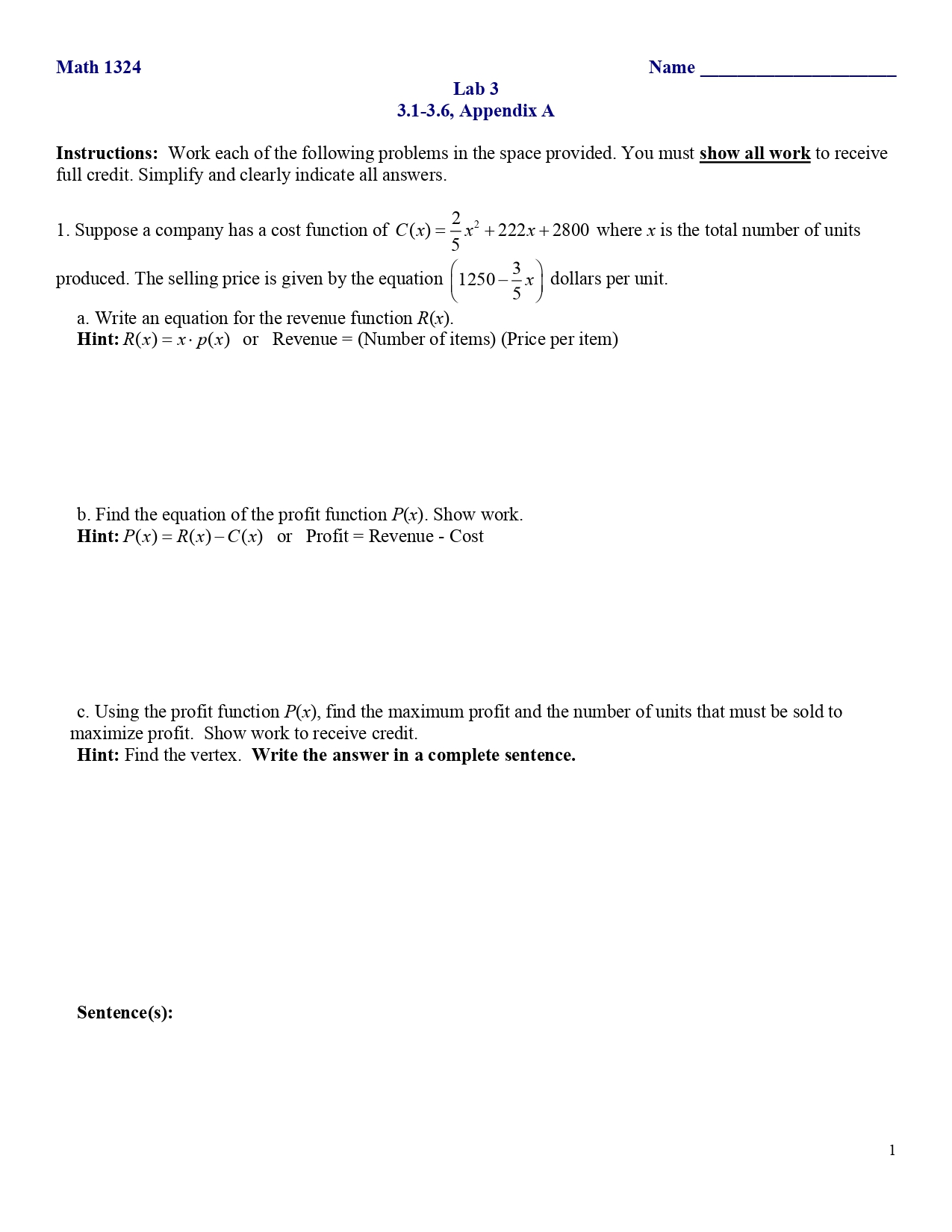 MATH 1324 | Lab 3 Chapter 3, Appendix ADirections: Please fill in