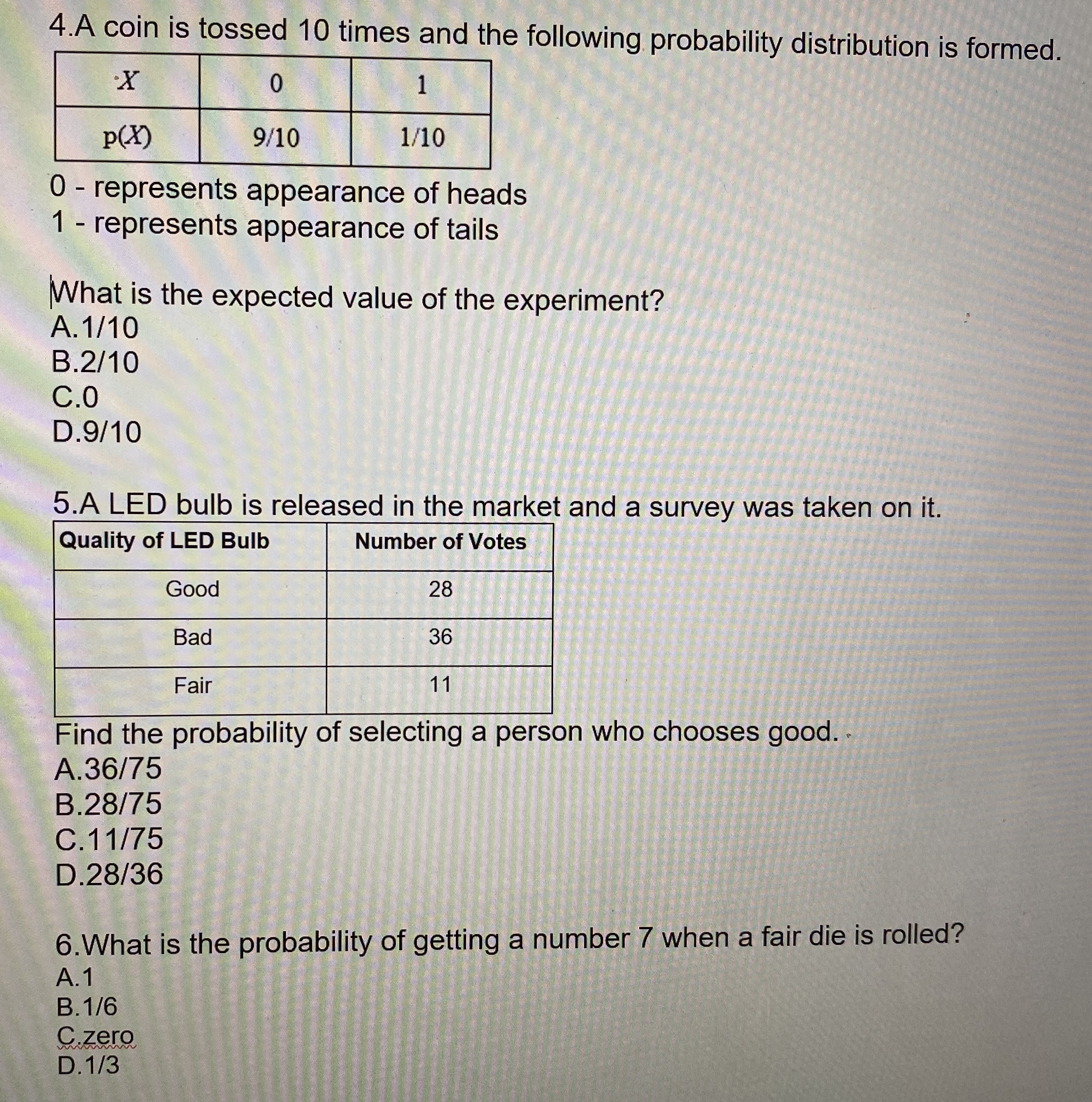 table: Outcome Probability 5 0.2 10 n 15 0.1 20 0.5 A.0.01