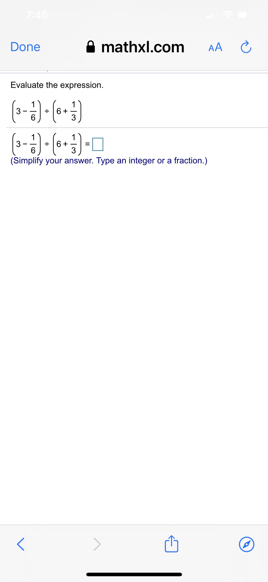 Please answer the problem and simplify 7:46 Done mathxl.com AA C Evaluate
