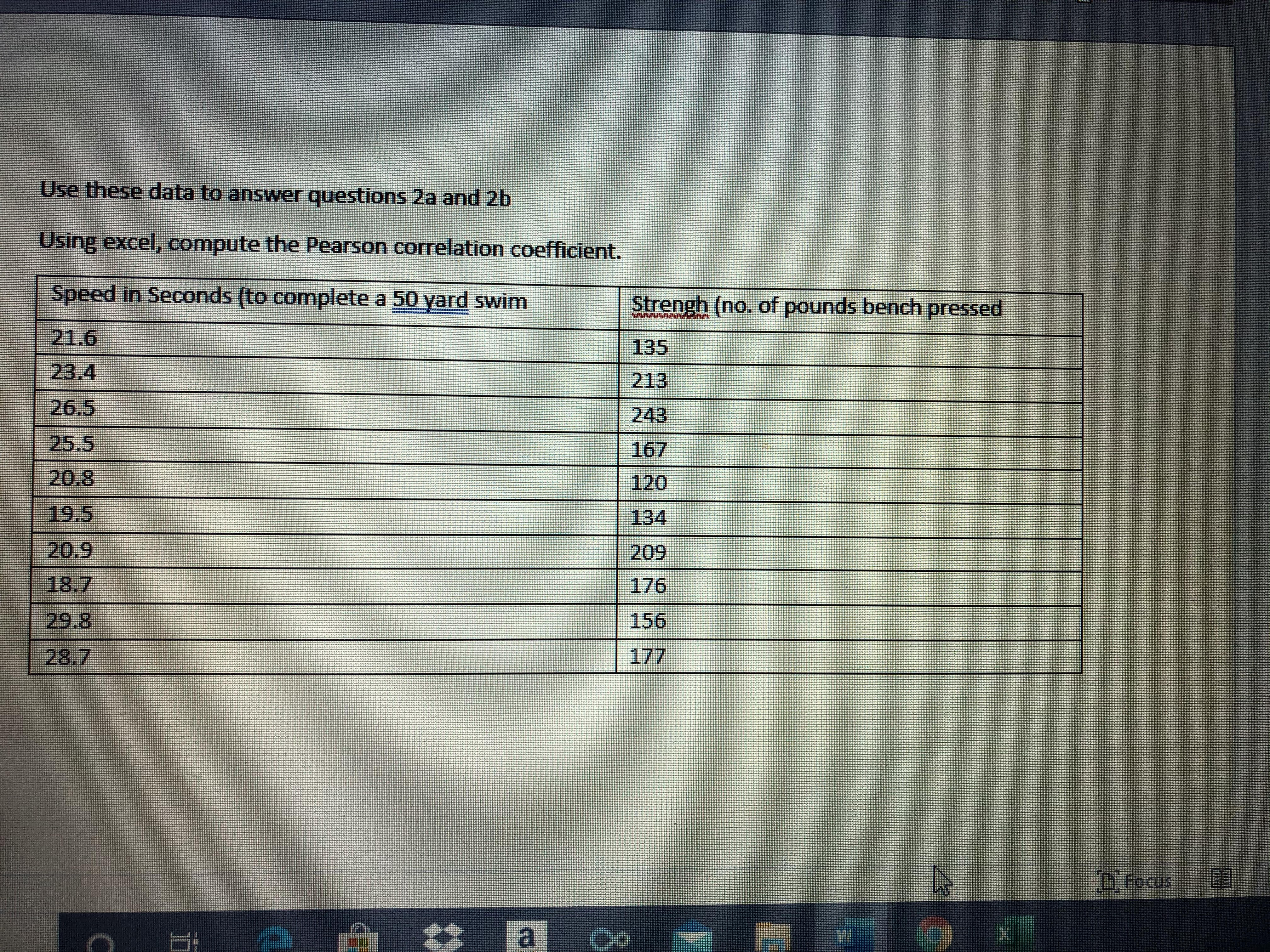 Using excel, compute the Pearson correlation coefficient. Use these data to answer