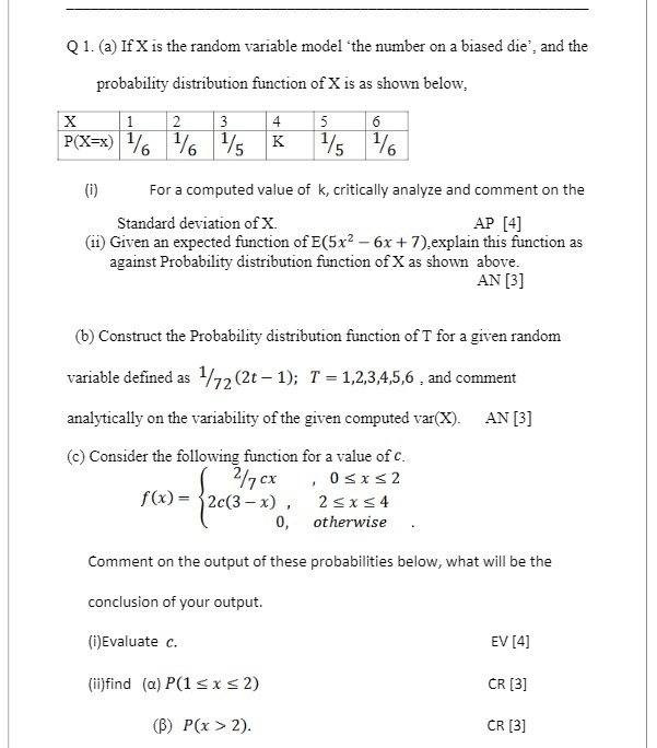 Q 1. (a) If X is the random variable model 'the