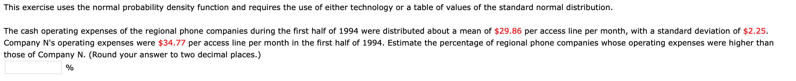 Find the percentage below. This exercise uses the normal probability density function