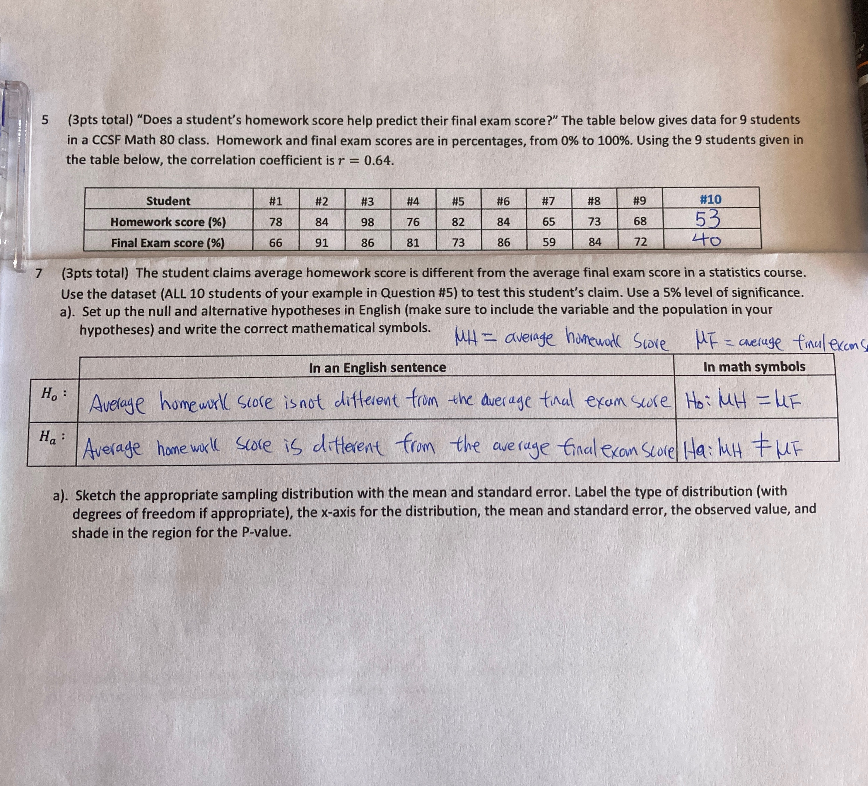 How to answer question 7a? Sketch the appropriate sampling distribution with the