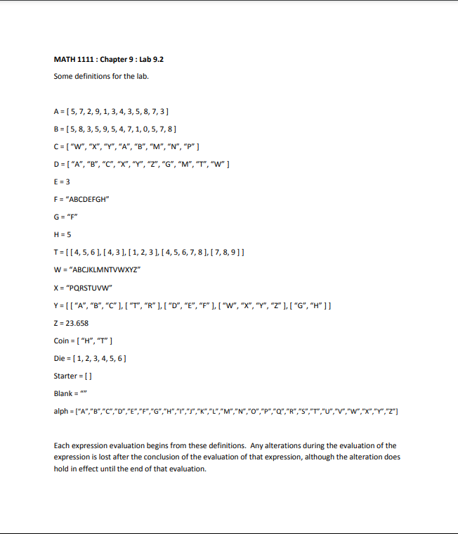  MATH 1111 : Chapter 9 : Lab 9.2 Some definitions for