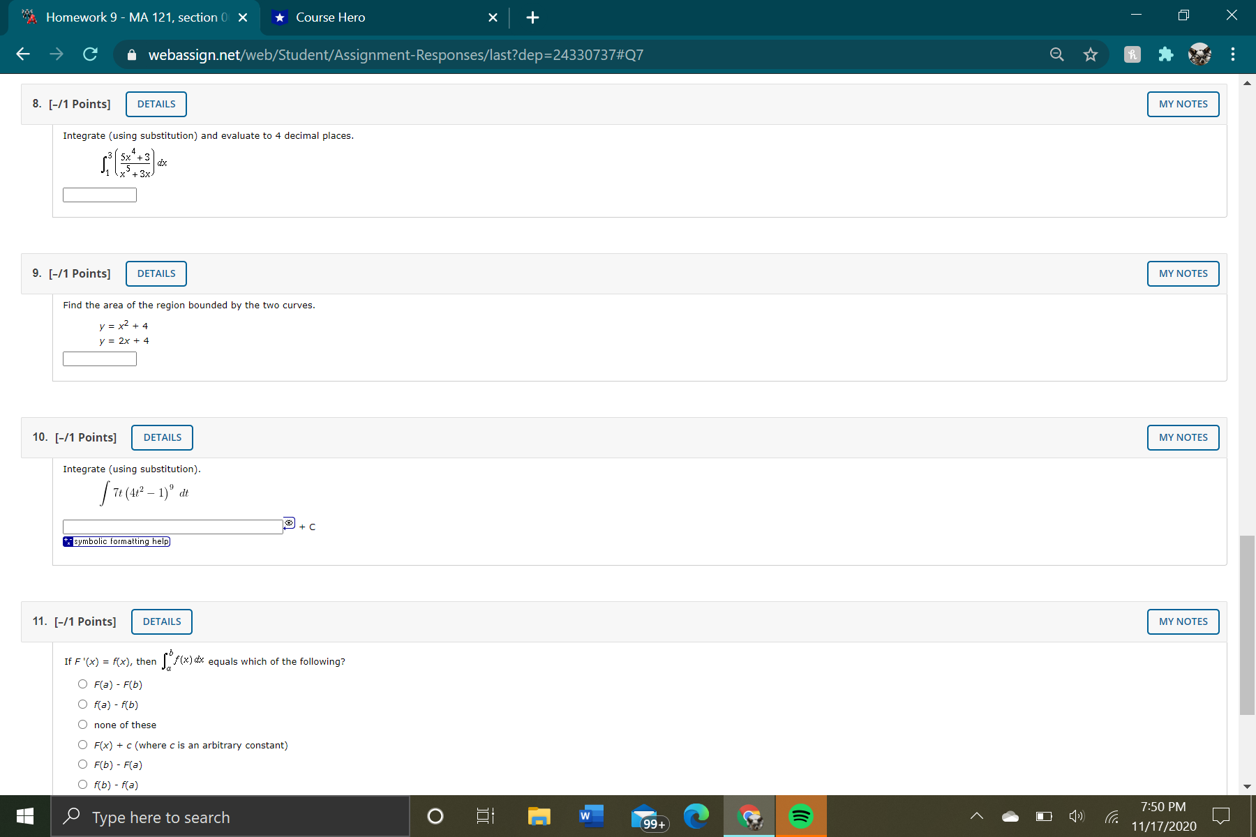 how do i solve these? "A Homework 9 - MA 121, section