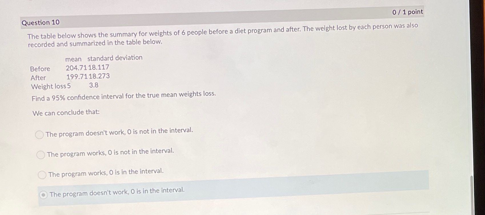  Question 10 0 / 1 point The table below shows the