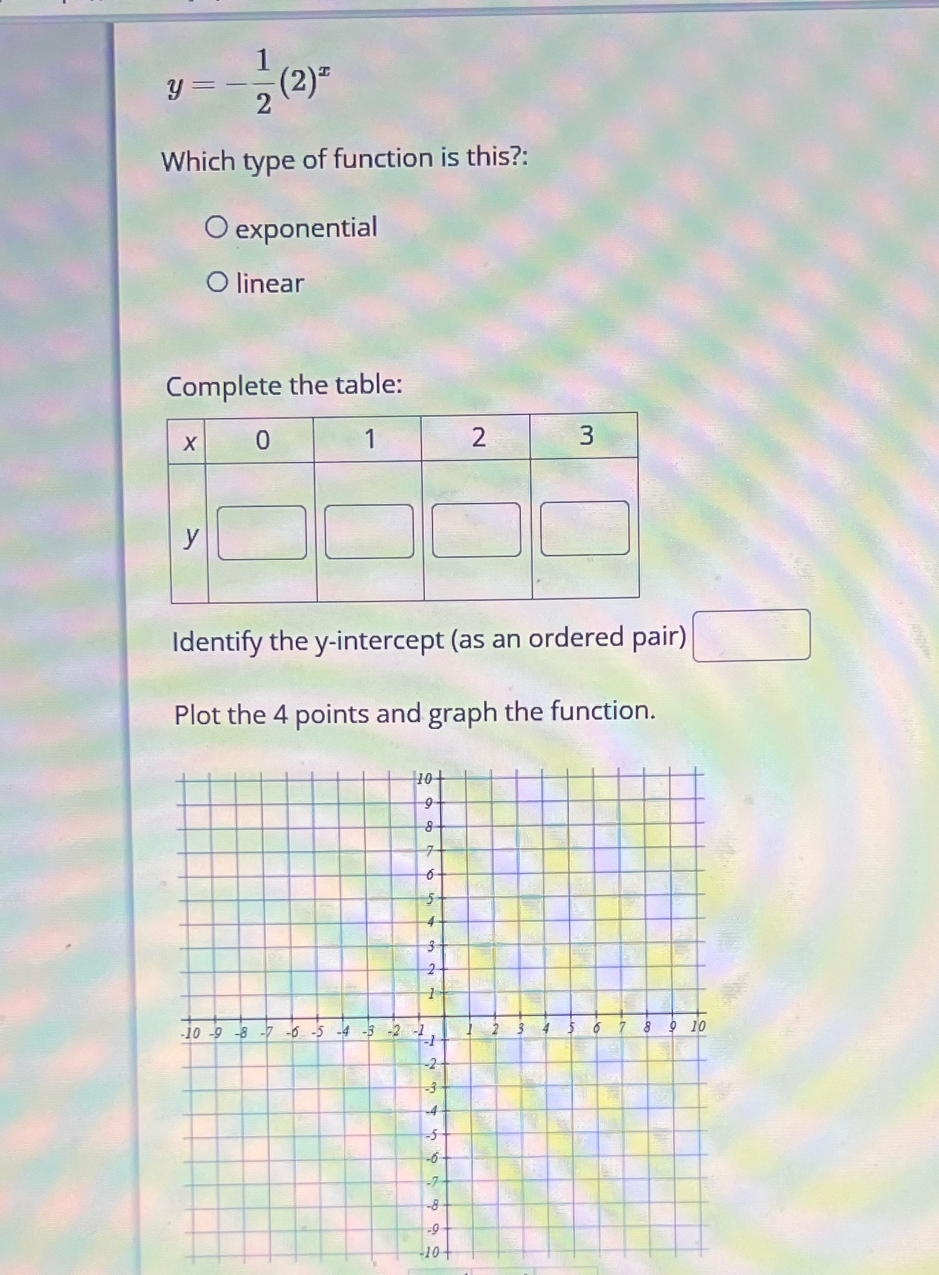 4 y (2) N Which type of function is this?: O exponential