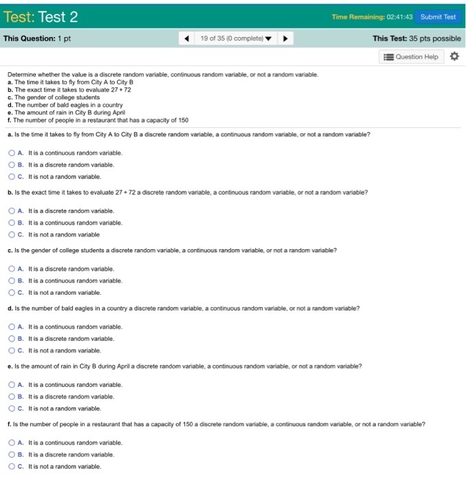 A normal random variable Test: Test 2 Time Remaining: 02:41:43 Submit Test
