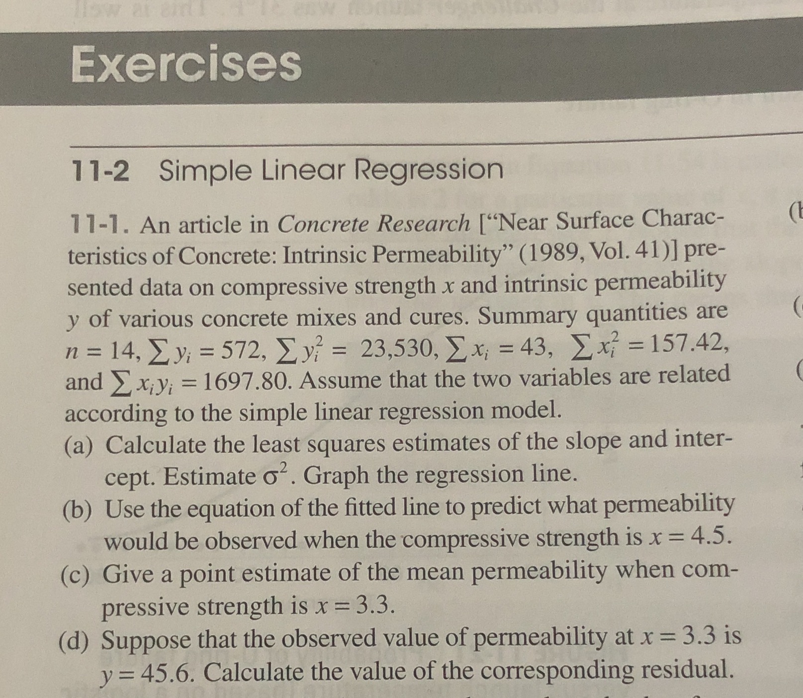Please help me Exercises 11-2 Simple Linear Regression 11-1. An article in