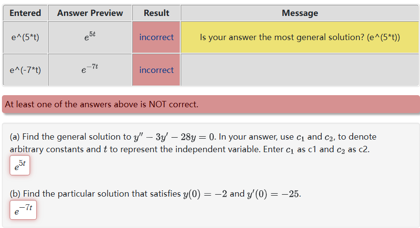 1. Entered Answer Preview Result e (5%) eM-T*1) Message Is your answer