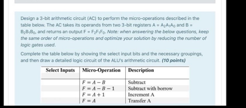 Solve step by step pls Design a 3-bit arithmetic circuit (AC) to